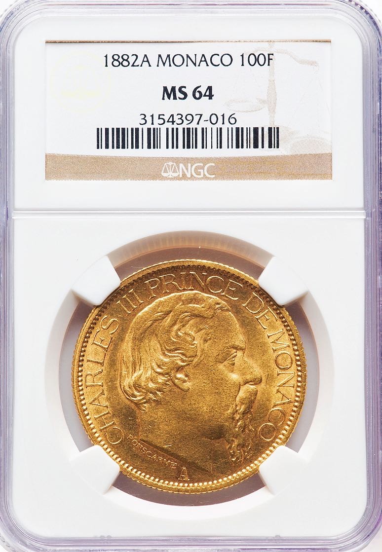 【Blue Auction】✨世界纸币精拍第461期【精】 【仅1枚更高分 铸造量仅5000枚】摩纳哥 1882年100法郎 32.3克大金币 首年珍稀年份 查尔斯三世 泛着水润金光和托斯卡纳色调 NGC MS64 顶级高分