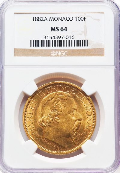 【Blue Auction】✨世界纸币精拍第461期【精】 - 【仅1枚更高分 铸造量仅5000枚】摩纳哥 1882年100法郎 32.3克大金币 首年珍稀年份 查尔斯三世 泛着水润金光和托斯卡纳色调 NGC MS64 顶级高分