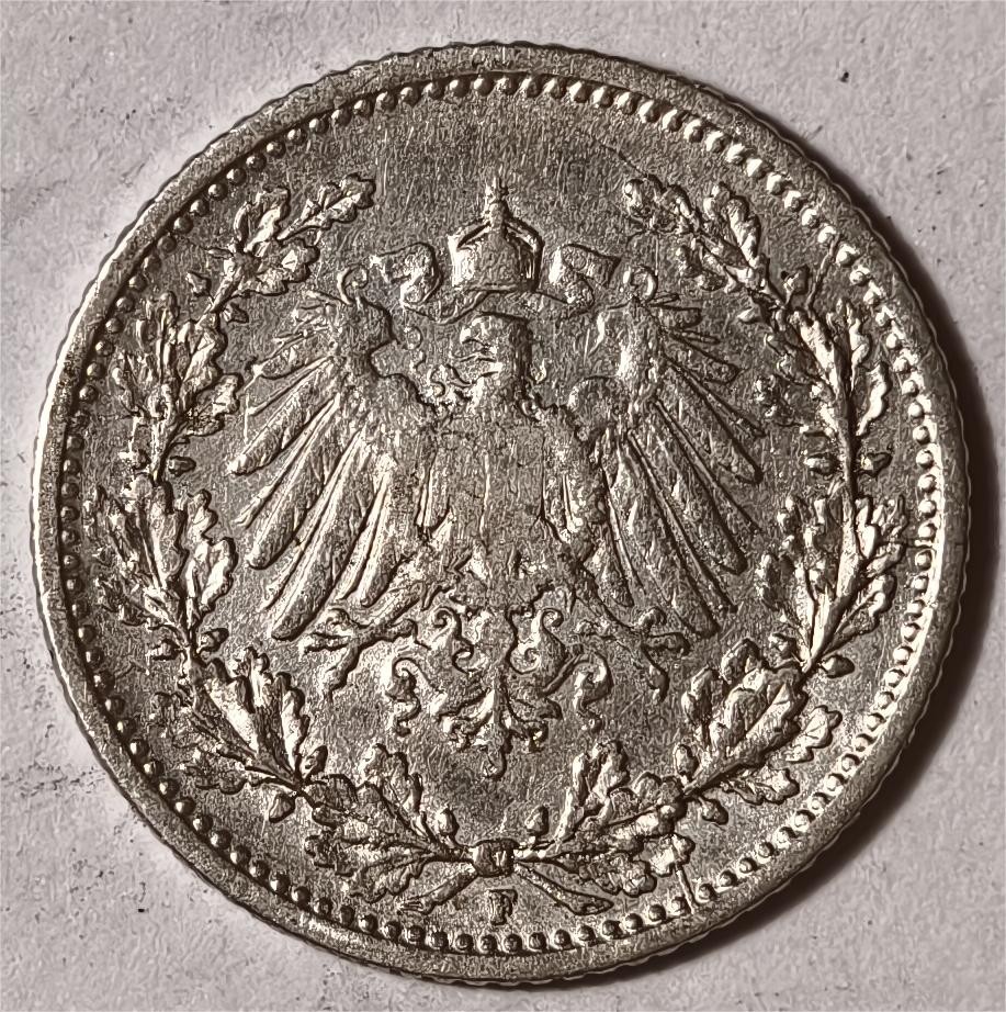 紫瑗钱币——第360期拍卖 德国 1907年 F版 第二帝国 1/2马克 银币 2.77克 0.9银
