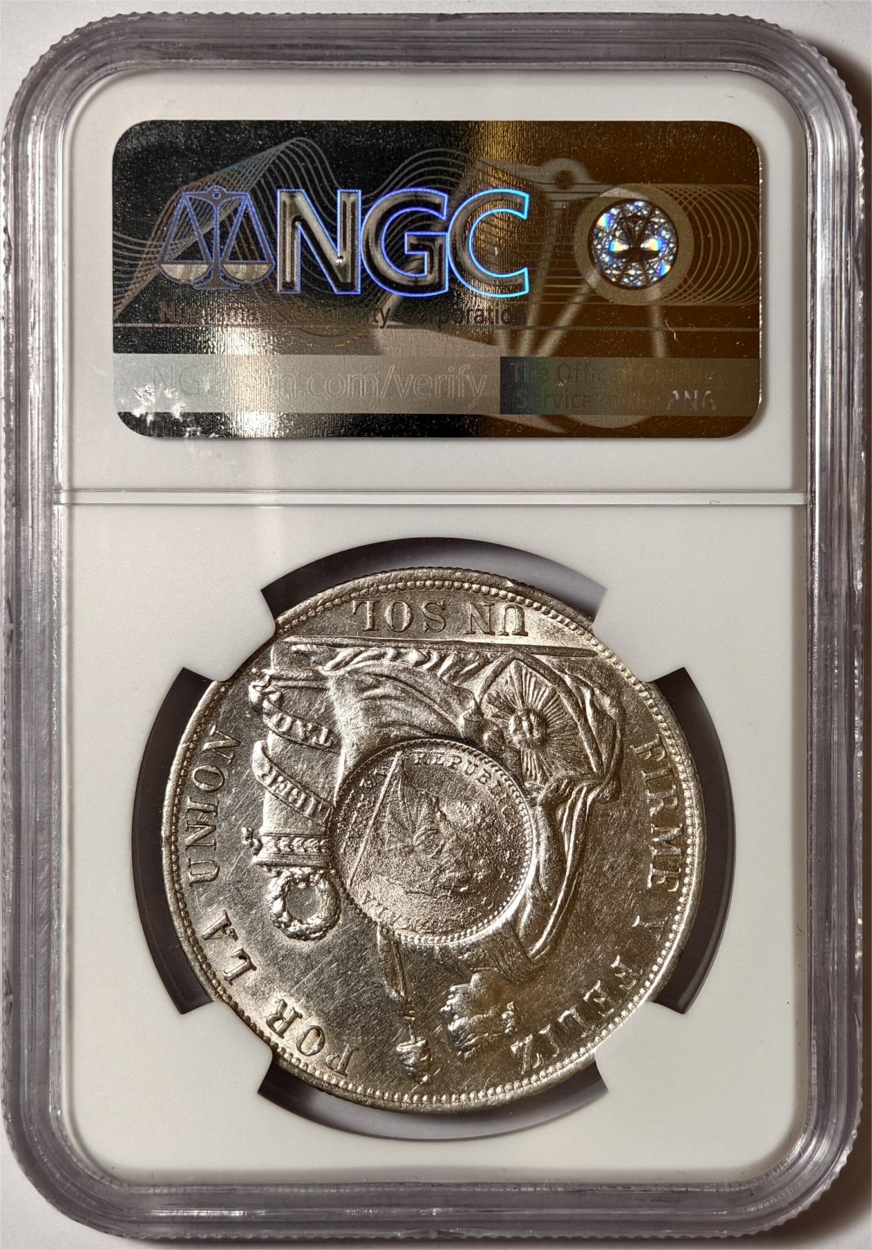 紫瑗钱币——第338期拍卖 危地马拉 1894年 加盖秘鲁 1比索 银币 热门加盖品种 NGC MS61