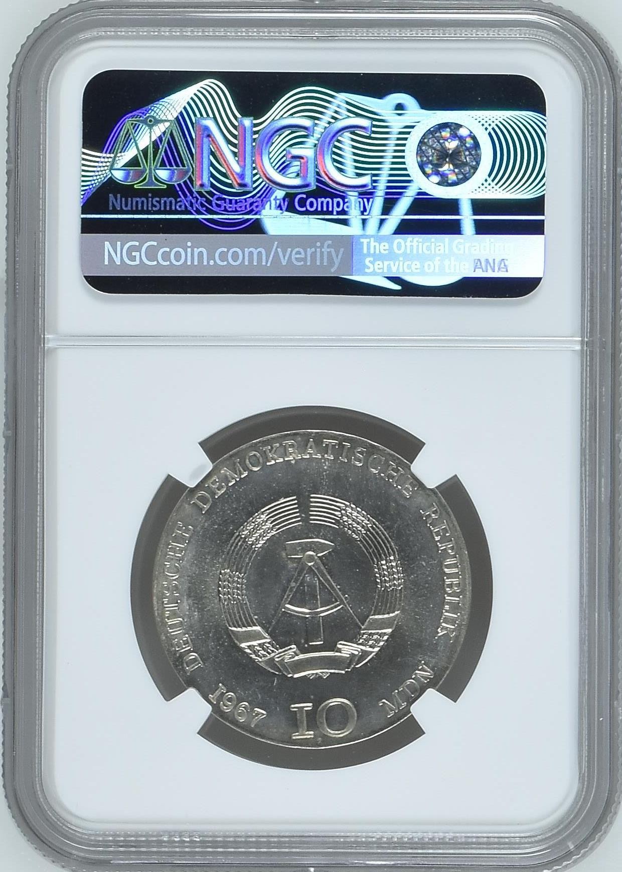 长老汇龙年精选第四场 1967 东德画家珂勒惠支10马克银币，NGC MS65分，季军分，更高分仅有11枚
