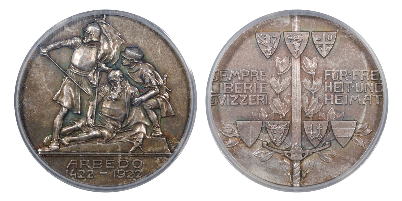 南京三省2024年春季拍卖会 1922年瑞士阿尔贝多战役500周年纪念银章 PCGS SP63,评级编号：46851908