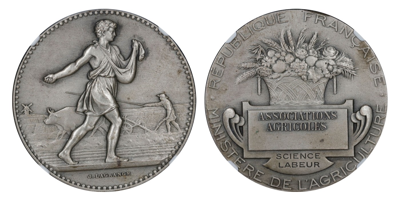 南京三省2024年春季拍卖会 19世纪法国农业播种银章纪念奖章 NGC MS63,评级编号：6427529-010