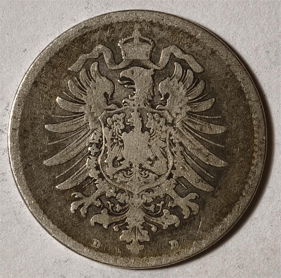 紫瑗钱币——第360期拍卖 德国 1875年 D版 第二帝国 短翅 1马克 5.5克 0.9银
