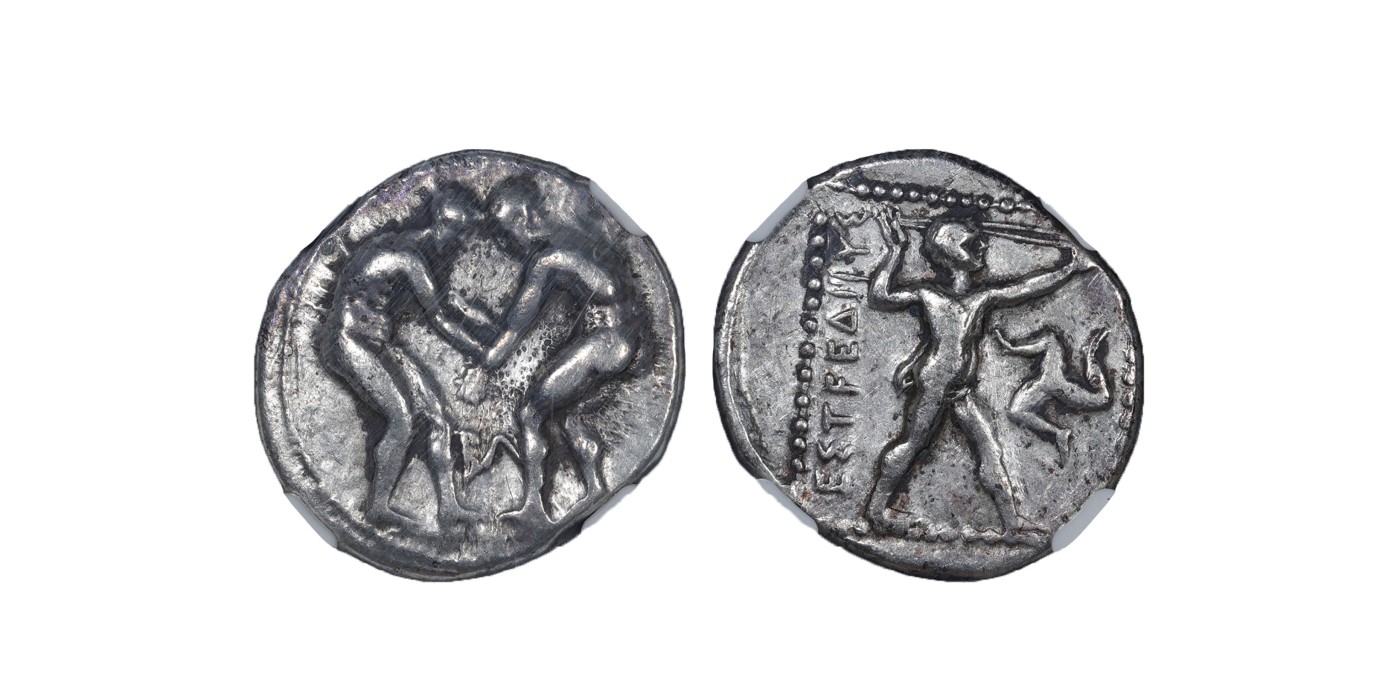 南京三省2024年春季拍卖会 公元前380-前325年古希腊艾斯蓬杜斯城邦摔跤手与投掷手斯塔特银币 NGC Ch F,评级编号：6323898-004