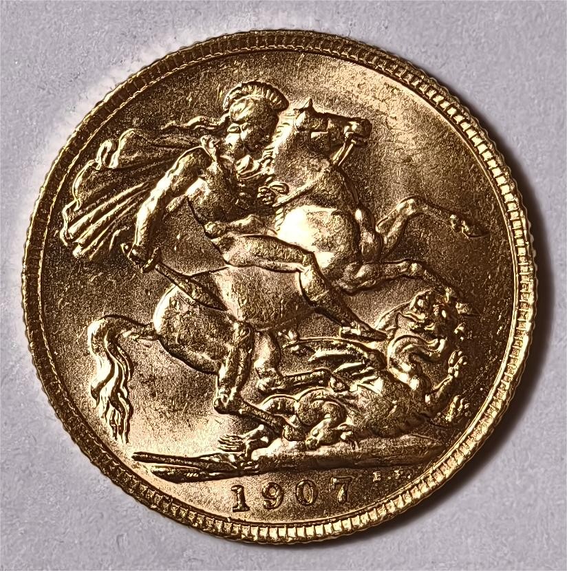 紫瑗钱币——第338期拍卖 英国 1907年 爱德华七世 马剑 1索维林(磅) 8克 0.917金 UNC