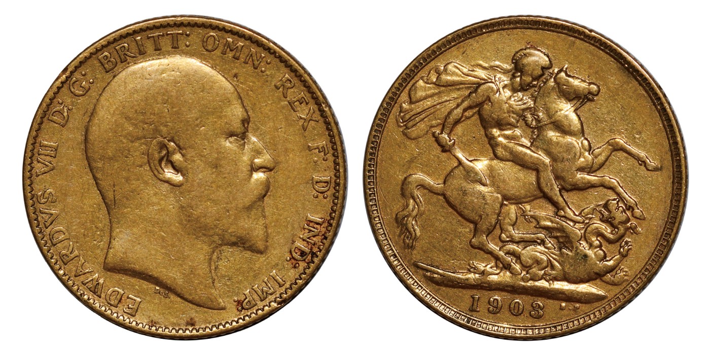 南京三省2024年春季拍卖会 1903年英国爱德华七世马剑1索维林金币 PCGS VF Detail 98,评级编号：88503226