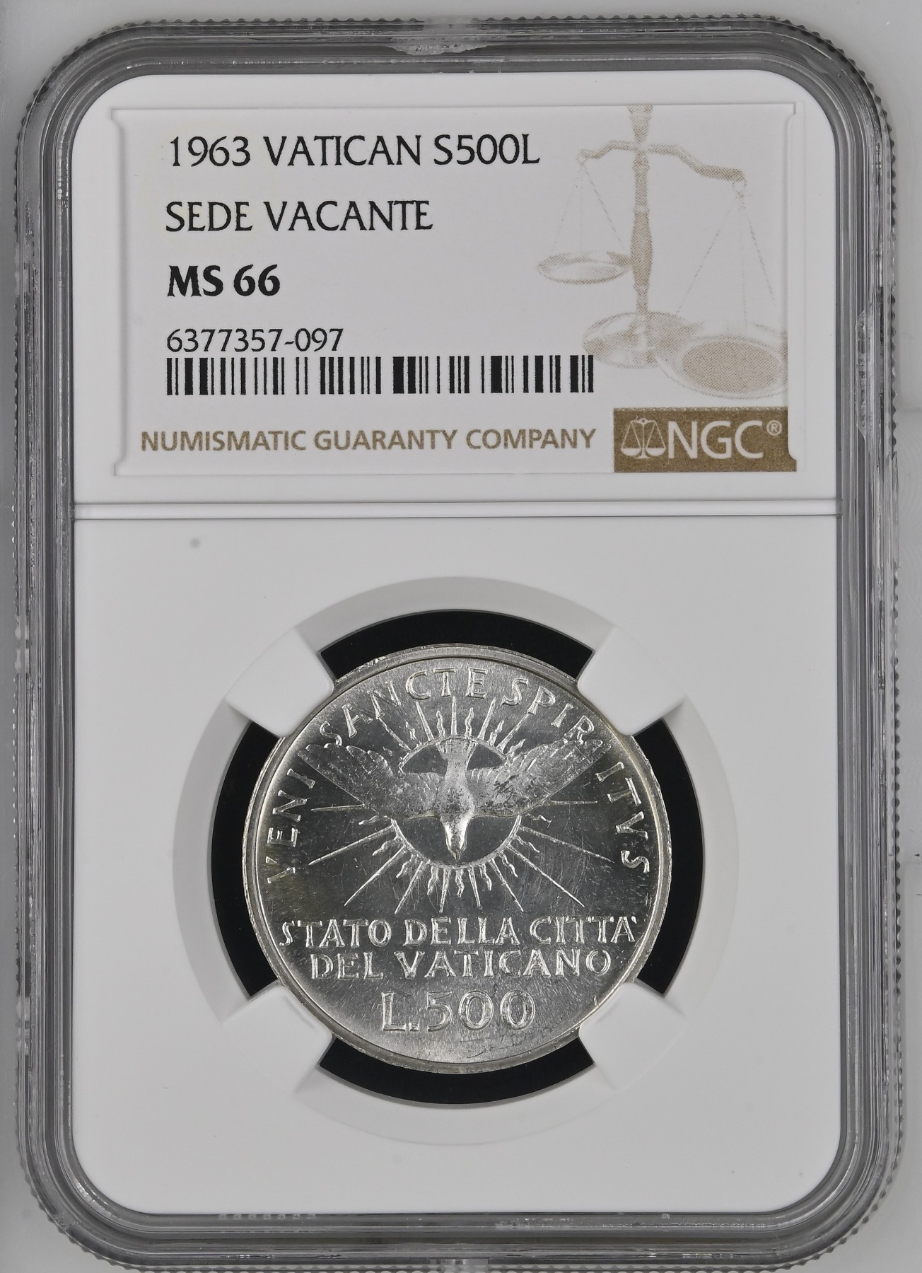 长老汇龙年精选第四场 1963 梵蒂冈教皇缺位500里拉银币，NGC MS66分，超高分