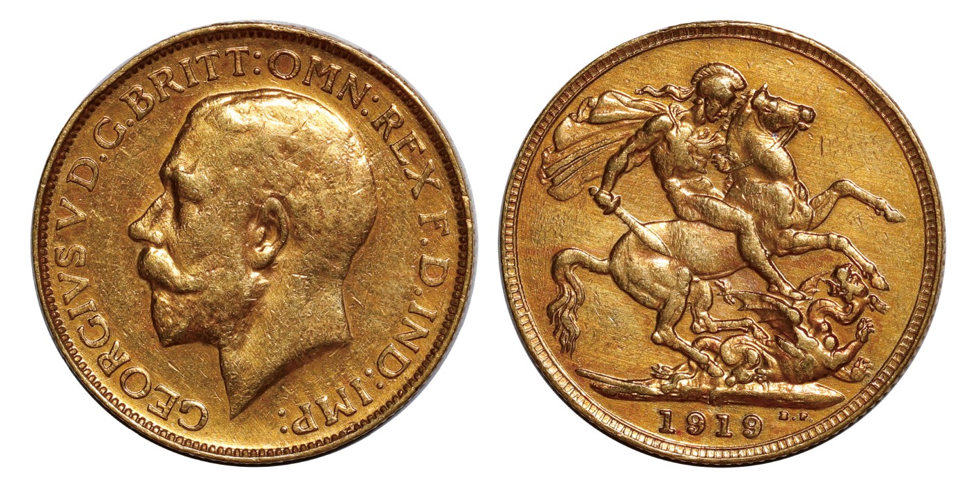 南京三省2024年春季拍卖会 1919年（P）英国乔治五世马剑1索维林金币 PCGS XF Detail 98,评级编号：88503231