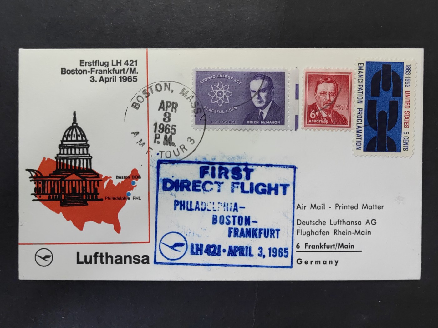 多国邮封✌（拍卖专场）精品🔥专场 第61场 德国汉莎航空公司首航（波士顿-法兰克福）带完整落地戳