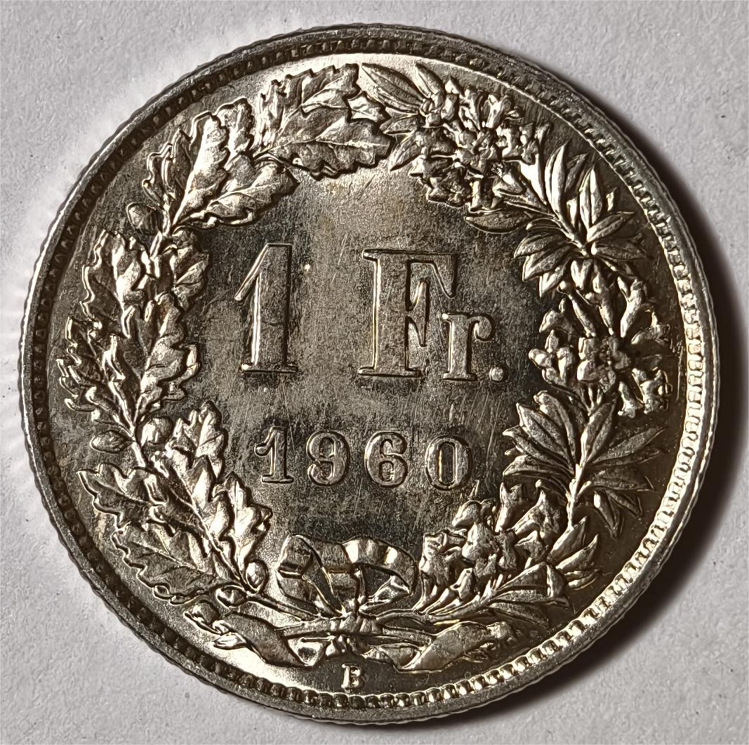 紫瑗钱币——第338期拍卖 瑞士 1960年B 赫尔维蒂女神 1法郎 5克 0.835银