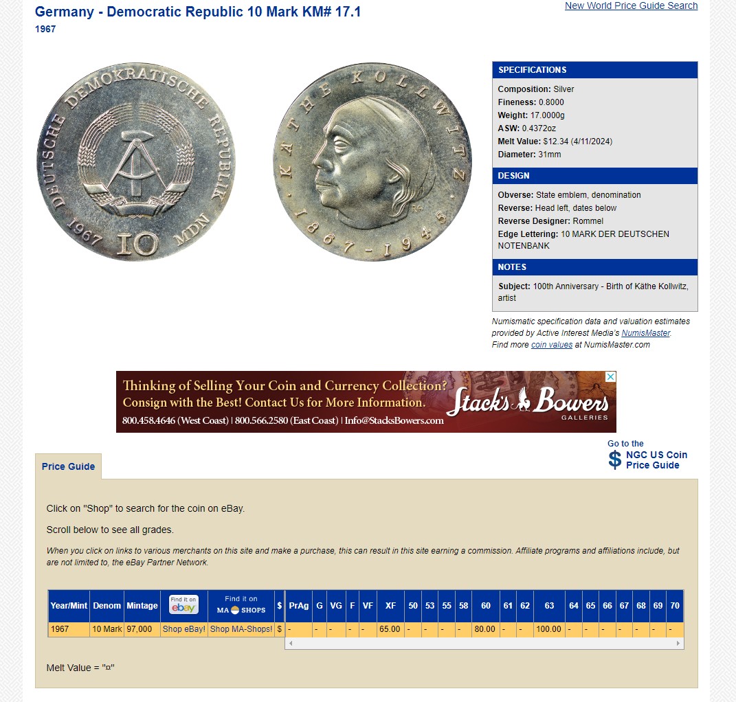 长老汇龙年精选第四场 1967 东德画家珂勒惠支10马克银币，NGC MS65分，季军分，更高分仅有11枚