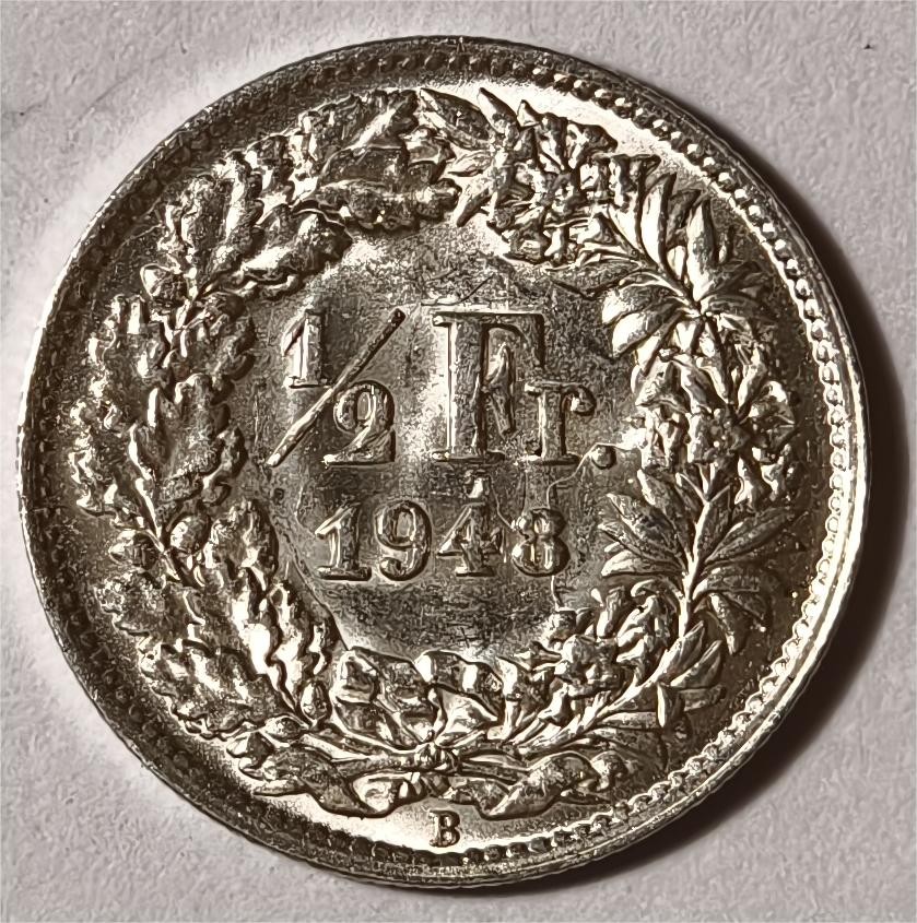 紫瑗钱币——第338期拍卖 瑞士 1948年B 赫尔维蒂女神 1/2法郎 2.5克 0.835银 UNC