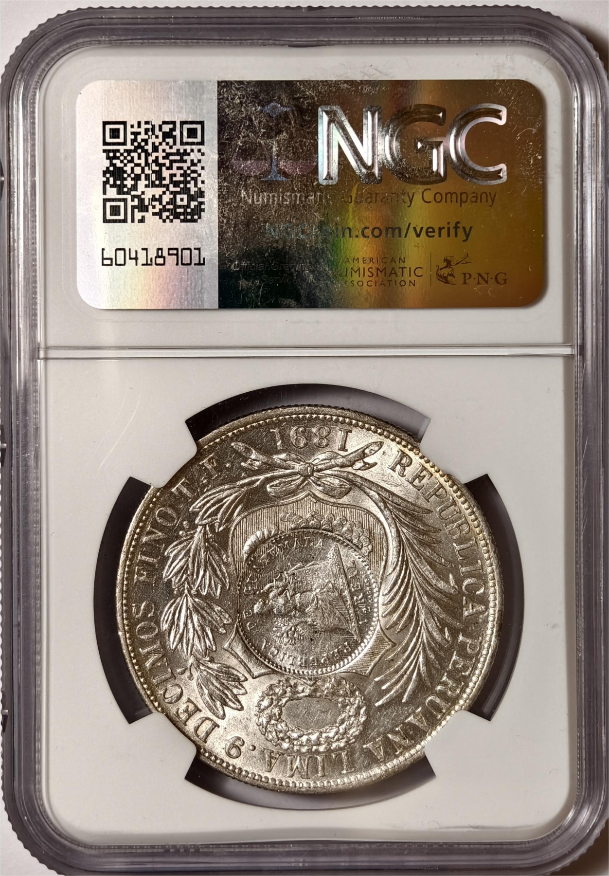 紫瑗钱币——第338期拍卖 危地马拉 1894年 加盖秘鲁 1比索 银币 热门加盖品种 NGC MS61