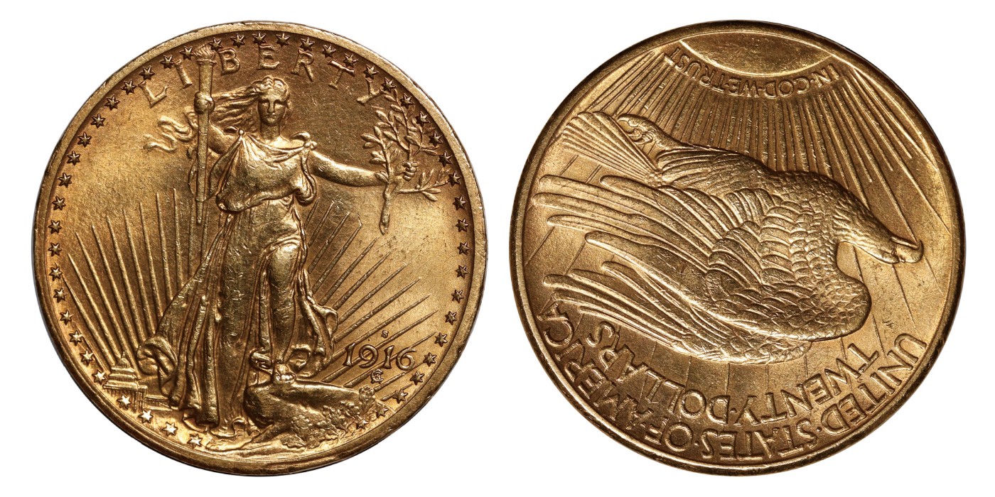 南京三省2024年春季拍卖会 1916年（S）美国圣高登斯双鹰20美元金币 PCGS MS64,评级编号：88503223