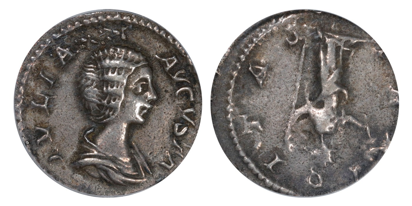 南京三省2024年春季拍卖会 公元193-211年古罗马皇后茱莉亚多姆娜与虔诚女神第纳尔银币 公博评级 XF45,评级编号：1710590116