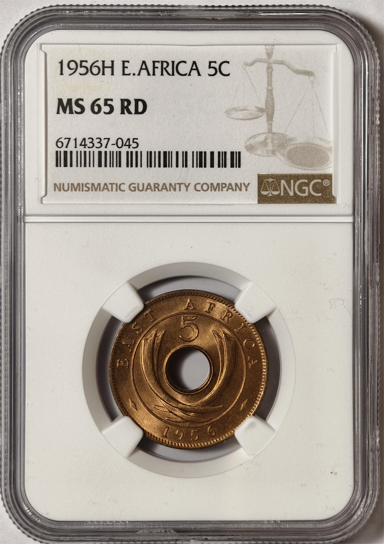 紫瑗钱币——第372期拍卖 英属东非 1956年 H版 伊丽莎白二世 5分 红铜币 NGC MS65 RD