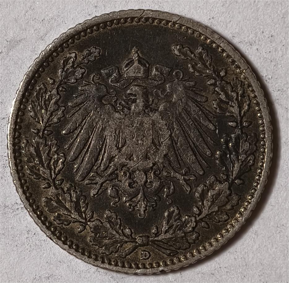 紫瑗钱币——第360期拍卖 德国 1905年 D版 第二帝国 1/2马克 银币 2.77克 0.9银 漆黑包浆