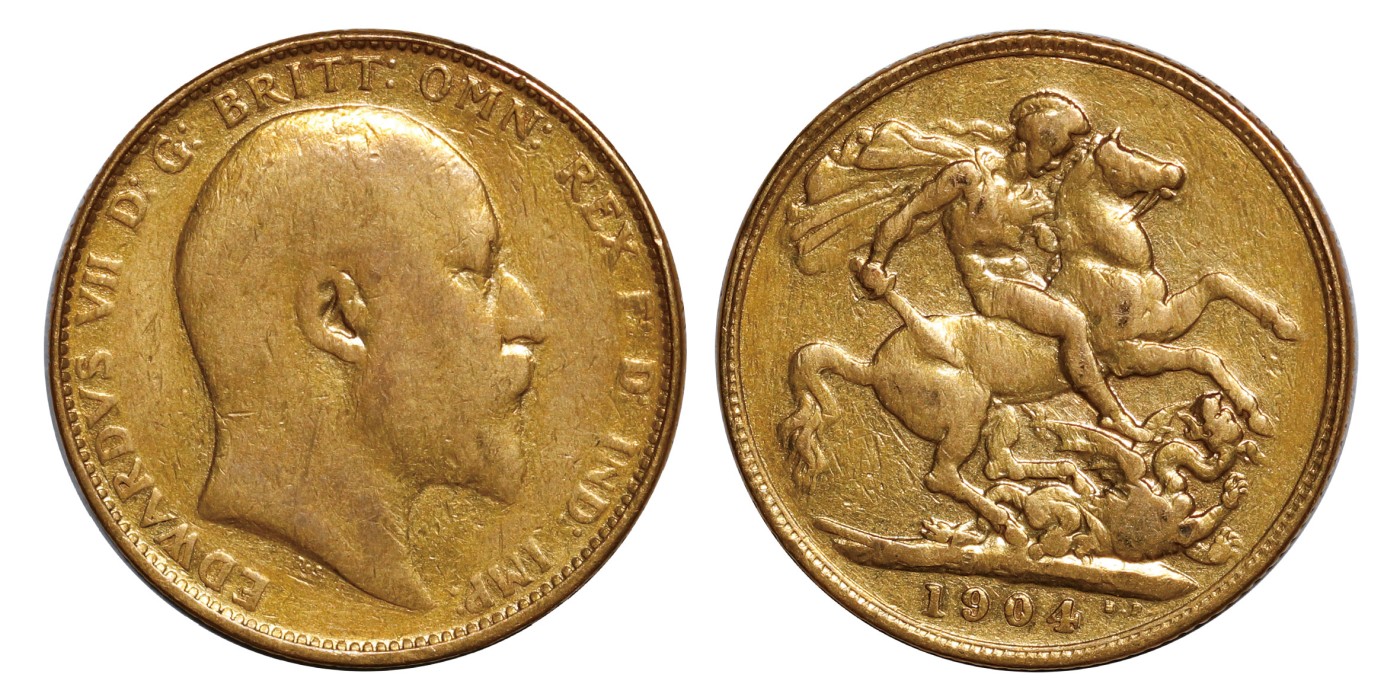 南京三省2024年春季拍卖会 1904年英国爱德华七世马剑1索维林金币 PCGS VF Detail 98,评级编号：88503227