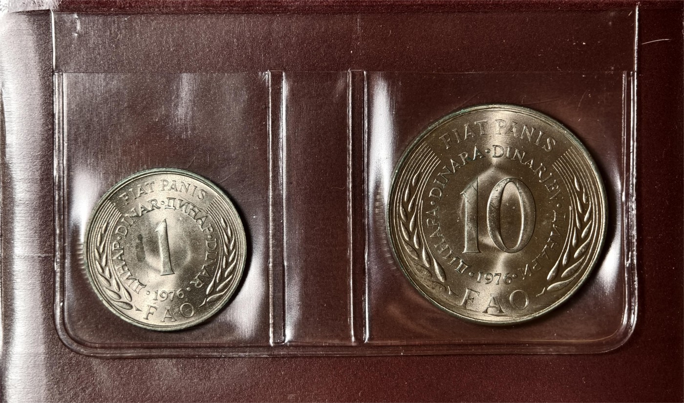 紫瑗钱币——第338期拍卖 南斯拉夫 1976年 世界粮农组织FAO 1 10第纳尔 UNC 纪念币 2枚套 原包装