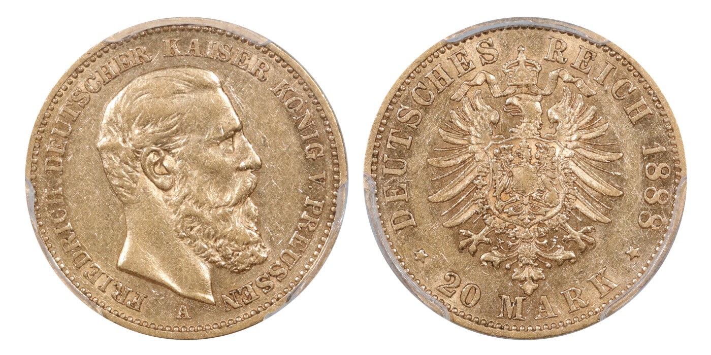 南京三省2024年春季拍卖会 1888年（A）德国普鲁士弗里德里希三世20马克金币 PCGS AU55,评级编号：85497880