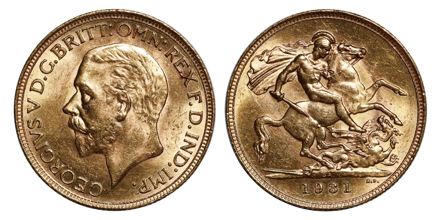 南京三省2024年春季拍卖会 1931年（SA）英国乔治五世马剑1索维林金币 PCGS MS63,评级编号：88503232