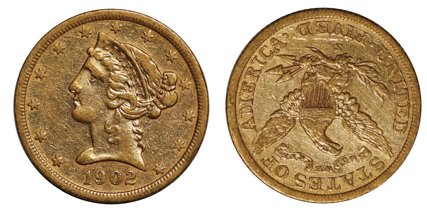 南京三省2024年春季拍卖会 1902年（S）美国自由女神头像5美元金币 PCGS XF Detail 92,评级编号：88503235