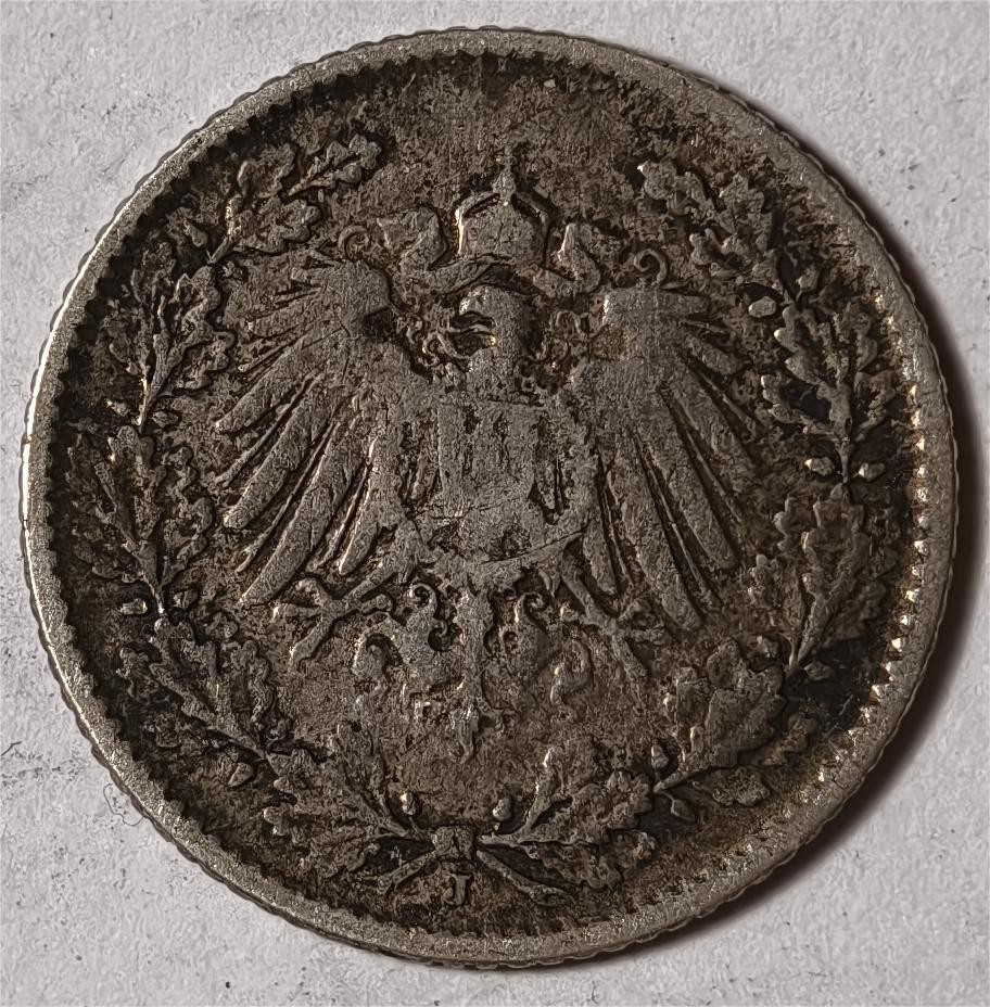 紫瑗钱币——第360期拍卖 德国 1906年 J版 第二帝国 1/2马克 银币 2.77克 0.9银 漆黑包浆