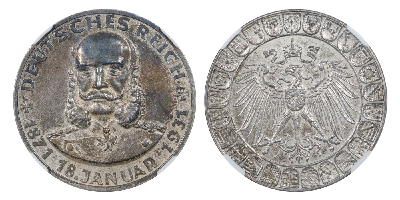 南京三省2024年春季拍卖会 1931年德国威廉一世德意志帝国60周年纪念银章 NGC MS61,评级编号：5817084-036