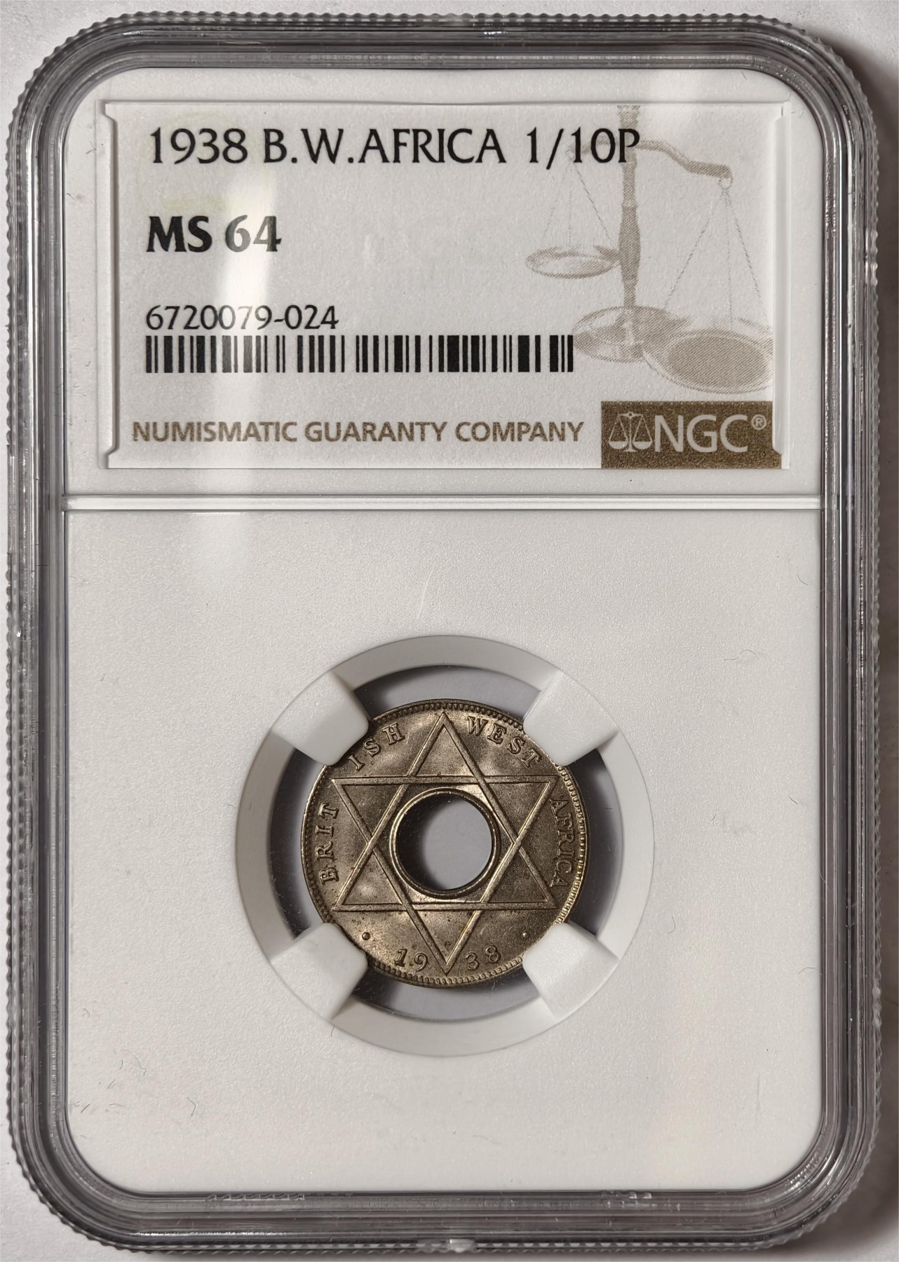 紫瑗钱币——第372期拍卖 英属西非 1938年 乔治六世 1/10便士 白铜币 NGC MS64