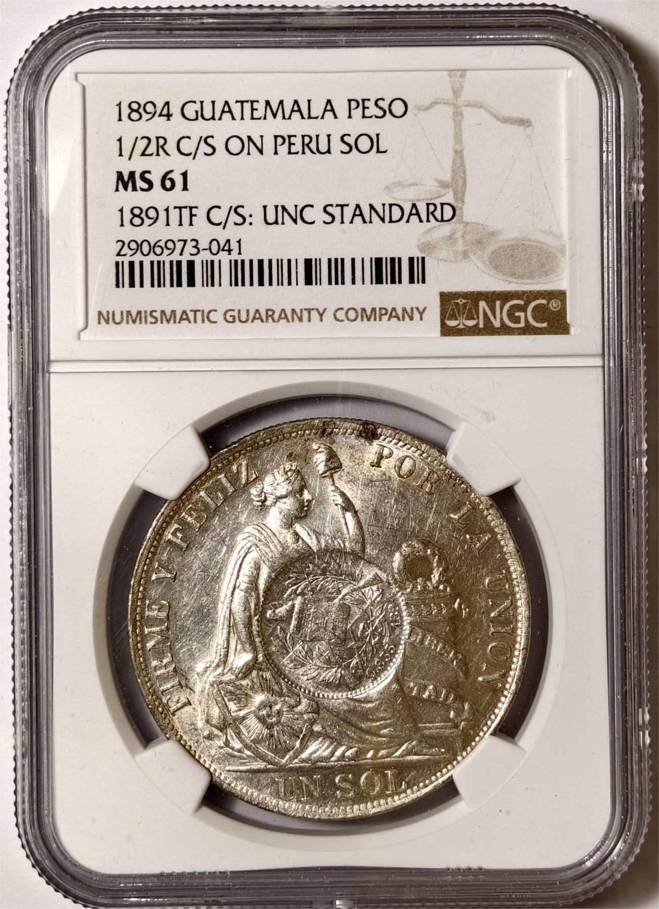 紫瑗钱币——第338期拍卖 危地马拉 1894年 加盖秘鲁 1比索 银币 热门加盖品种 NGC MS61