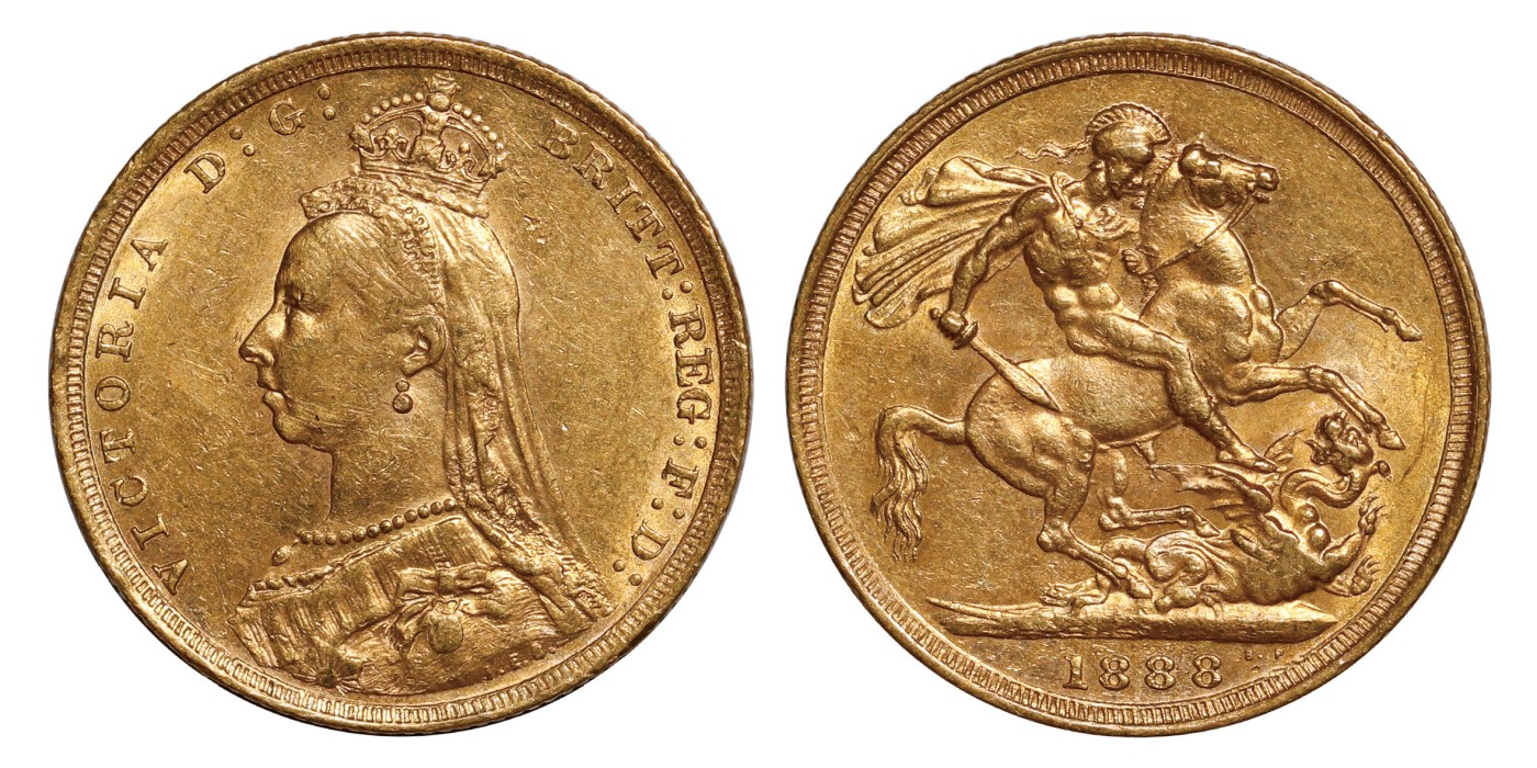 南京三省2024年春季拍卖会 1888年（S）英国维多利亚女王高冠马剑1索维林金币 PCGS AU55,评级编号：88503224