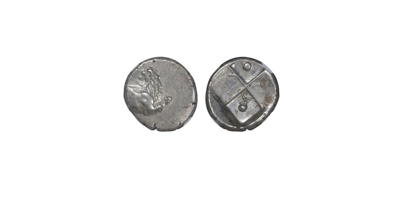 南京三省2024年春季拍卖会 公元前4世纪古希腊色雷斯切尔松尼索斯城狮子半德拉克马银币 NGC XF,评级编号：4934499-109