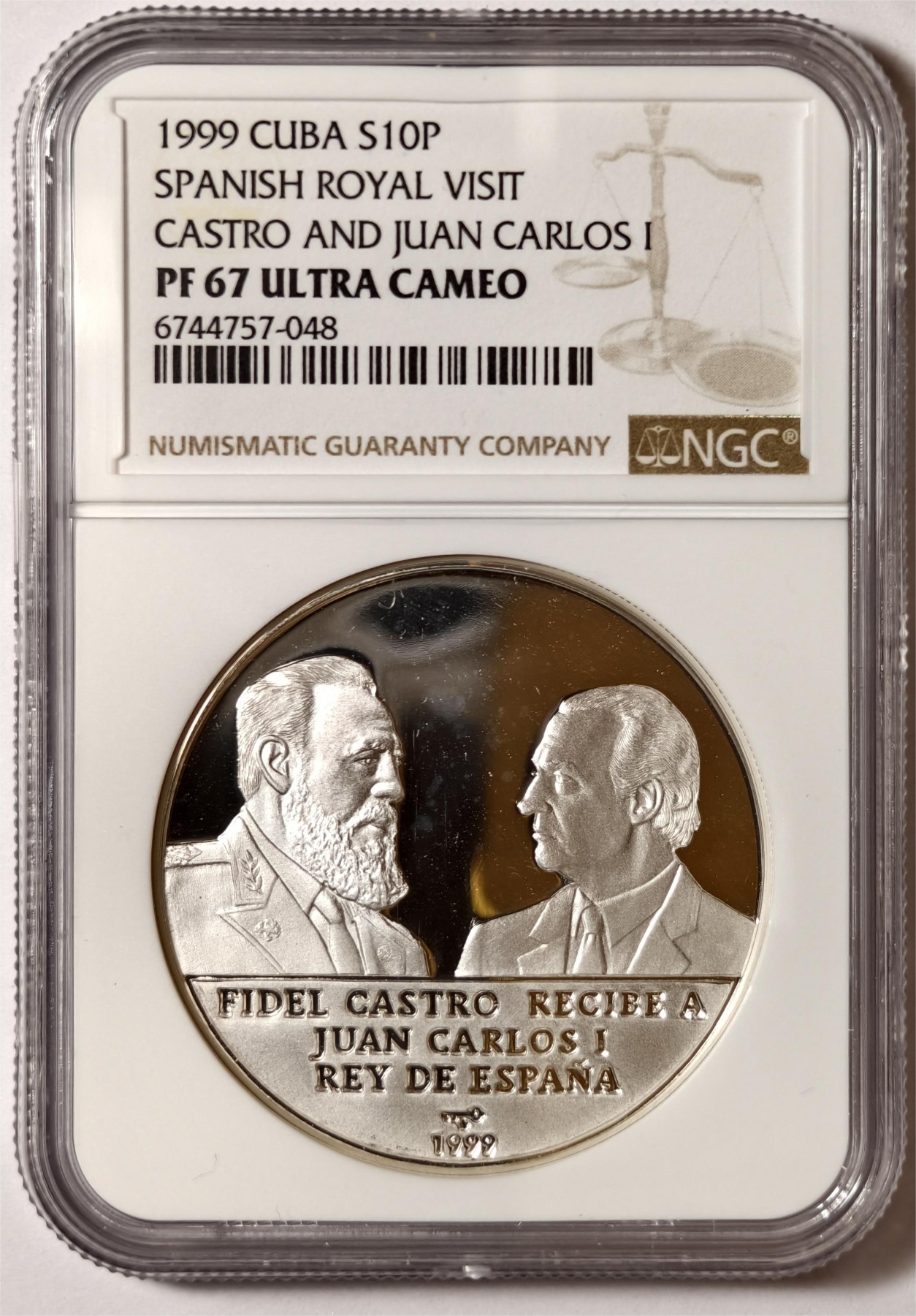 紫瑗钱币——第338期拍卖 古巴 1999年 西班牙皇室访问古巴 胡安·卡洛斯国王和卡斯特罗 10比索 NGC PR67 UC