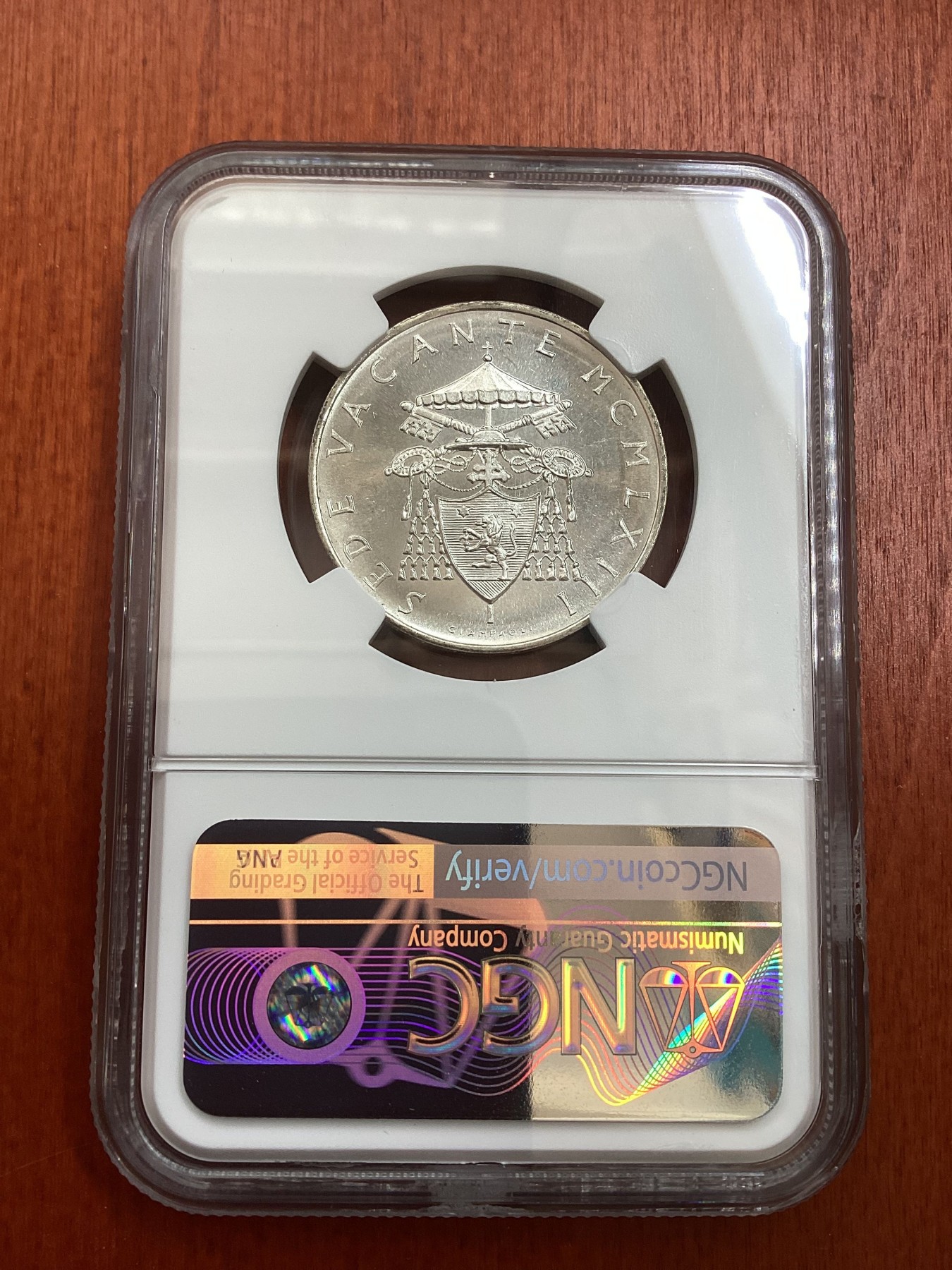 长老汇龙年精选第四场 1963 梵蒂冈教皇缺位500里拉银币，NGC MS66分，超高分