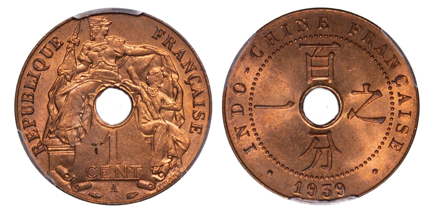 南京三省2024年春季拍卖会 1939年（A）法属印度支那百分之一铜币 PCGS MS64RB,评级编号：87347834