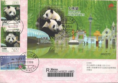 2010中国澳门《大熊猫》逆原地首日实寄封
