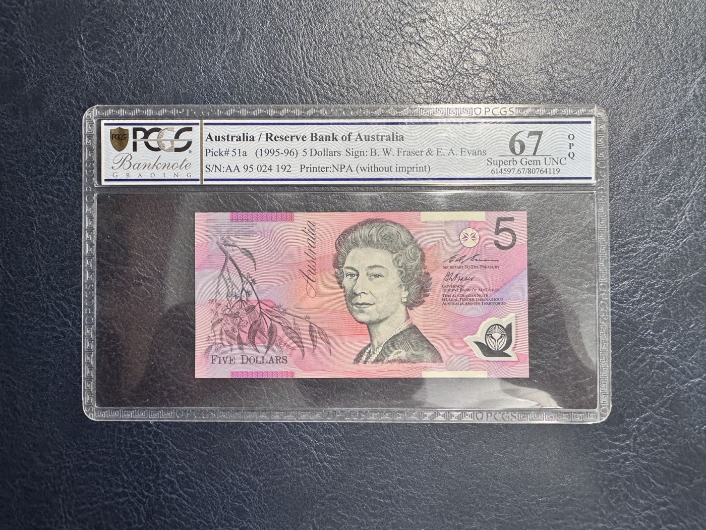 收藏联盟Quantum Auction 第338期拍卖  澳大利亚1995年5元首发AA冠 PCGS67