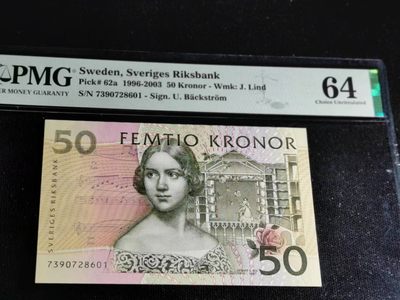 刘世昌艺术品销售中心～虎踞龙蟠*金杨在线联拍群第509期 - 瑞典1996-2003年50克朗【初版】（PMG 64 号码：7390728601）1枚。
