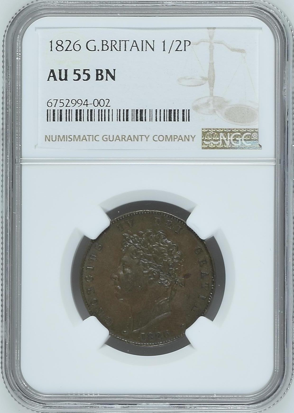 收藏联盟Quantum Auction 第338期拍卖  英国1826年乔治四世1/2便士 NGC AU 55 BN