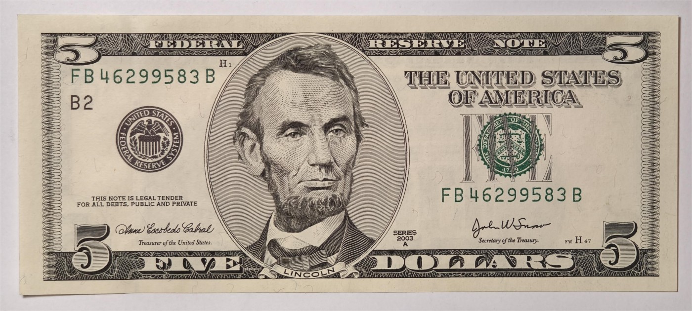 紫瑗钱币——第339期拍卖——纸币场 美国 2003年 B版 A序列 亚伯拉罕·林肯 5美元 大头版 UNC