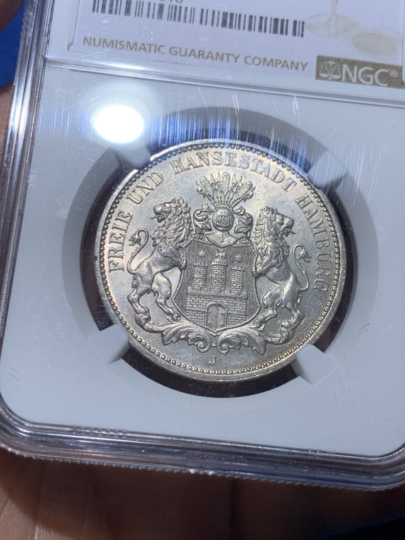 《竞宝斋》第258场-周日，周一 2场连拍 (全场包邮) NGC MS62 德国汉堡1911年双狮3马克银币 原光品相