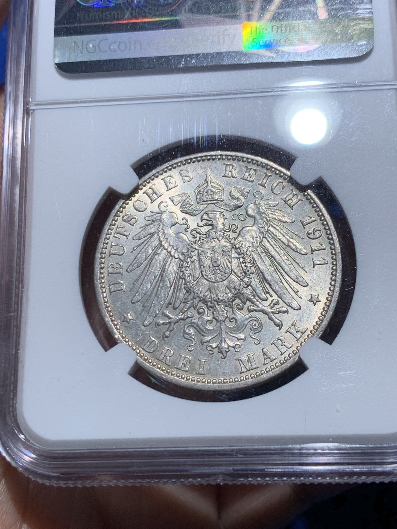 《竞宝斋》第258场-周日，周一 2场连拍 (全场包邮) NGC MS62 德国汉堡1911年双狮3马克银币 原光品相