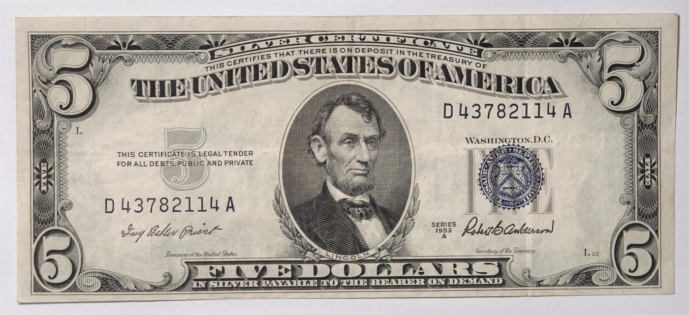 紫瑗钱币——第339期拍卖——纸币场 美国 1953年 A序列 亚伯拉罕·林肯 5美元 蓝印 银元券 流通品