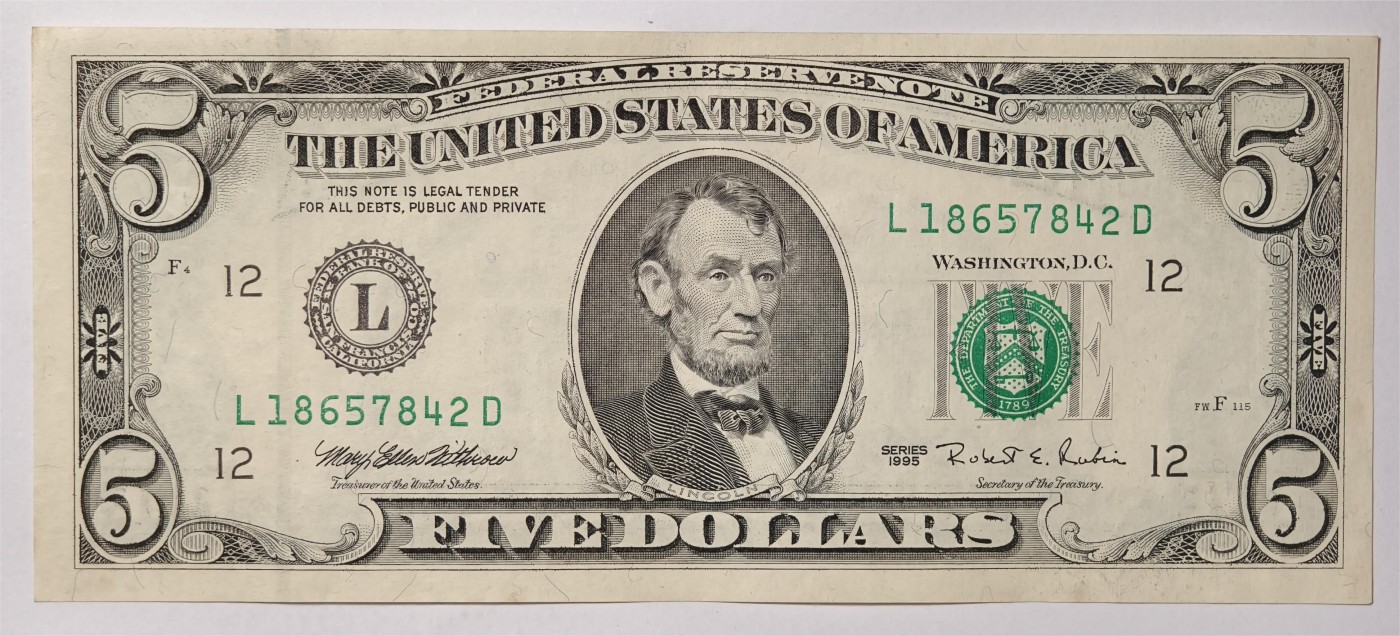 紫瑗钱币——第339期拍卖——纸币场 美国 1995年 L版 无序列 亚伯拉罕·林肯 5美元 小头版 UNC-