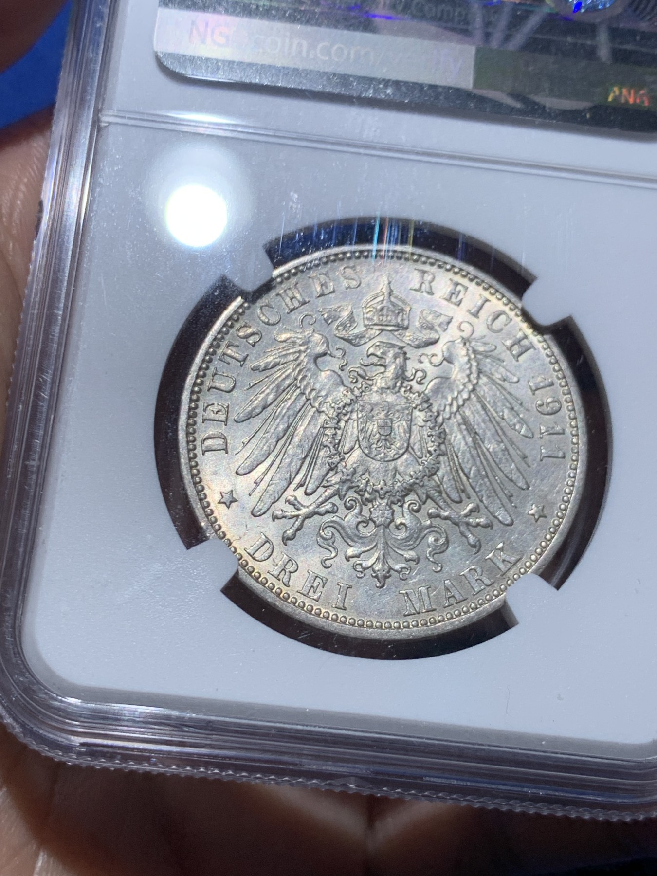 《竞宝斋》第258场-周日，周一 2场连拍 (全场包邮) NGC MS62 德国汉堡1911年双狮3马克银币 原光品相