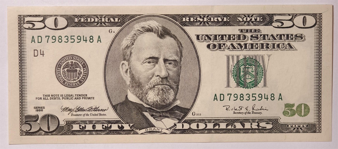 紫瑗钱币——第339期拍卖——纸币场      美国 1996年 D版 无序列 尤里西斯·辛普森·格兰特 大头版 50美元 UNC