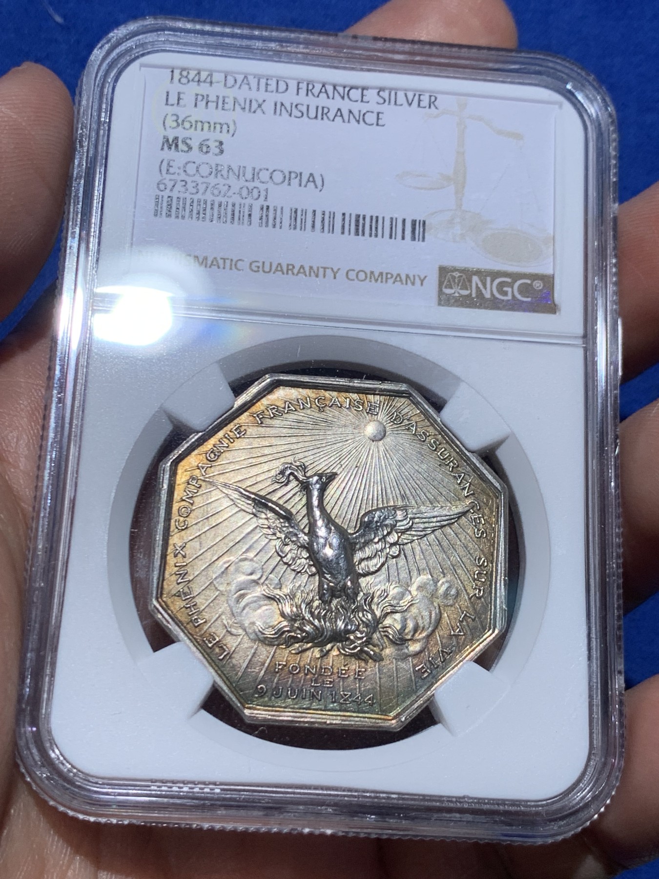 《竞宝斋》第258场-周日，周一 2场连拍 (全场包邮) NGC MS63 法国凤凰保险公司八角银质代币