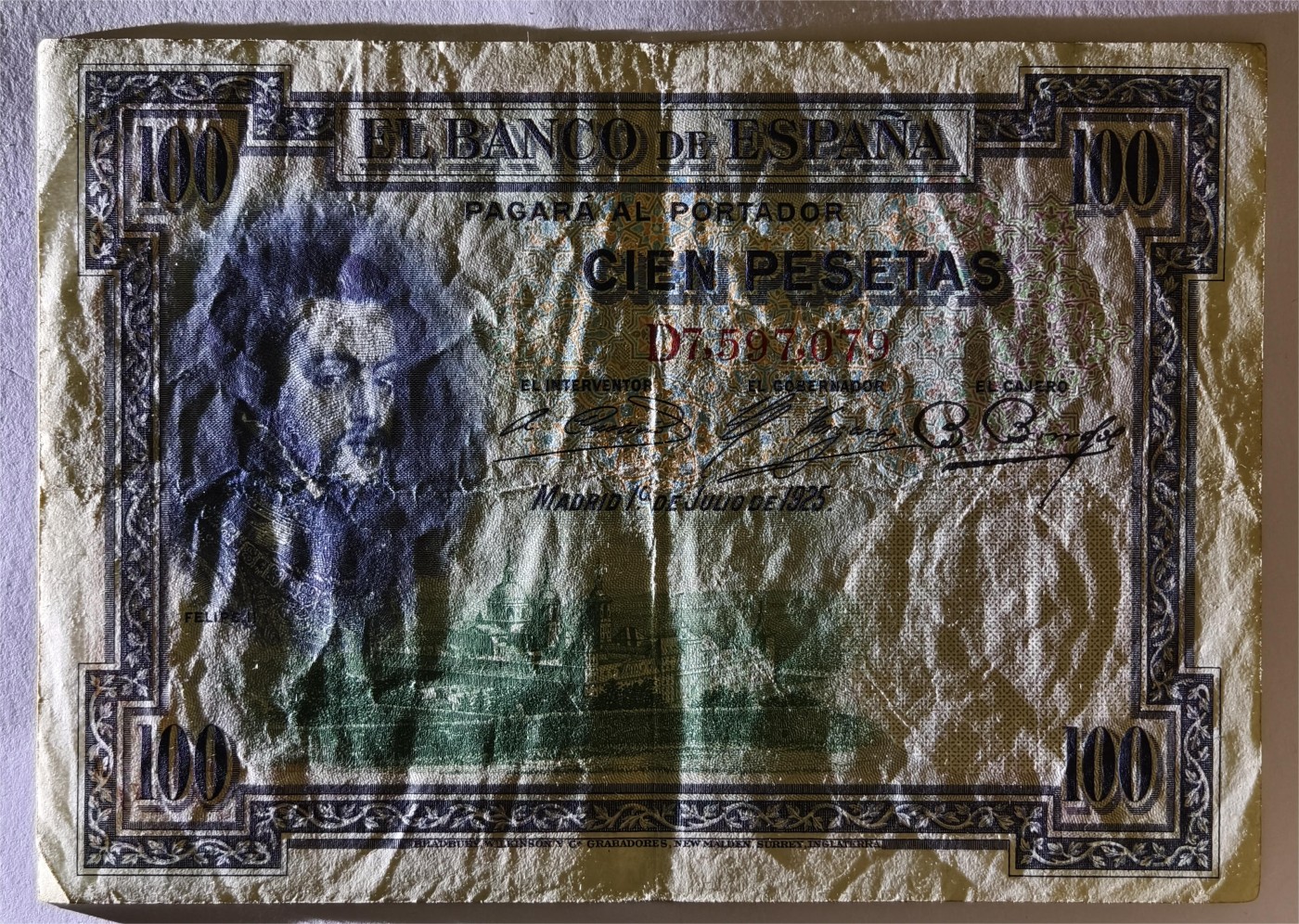 紫瑗钱币——第355期拍卖——纸币场 西班牙 1925年 油画《腓力二世的座椅》 100比塞塔 流通品