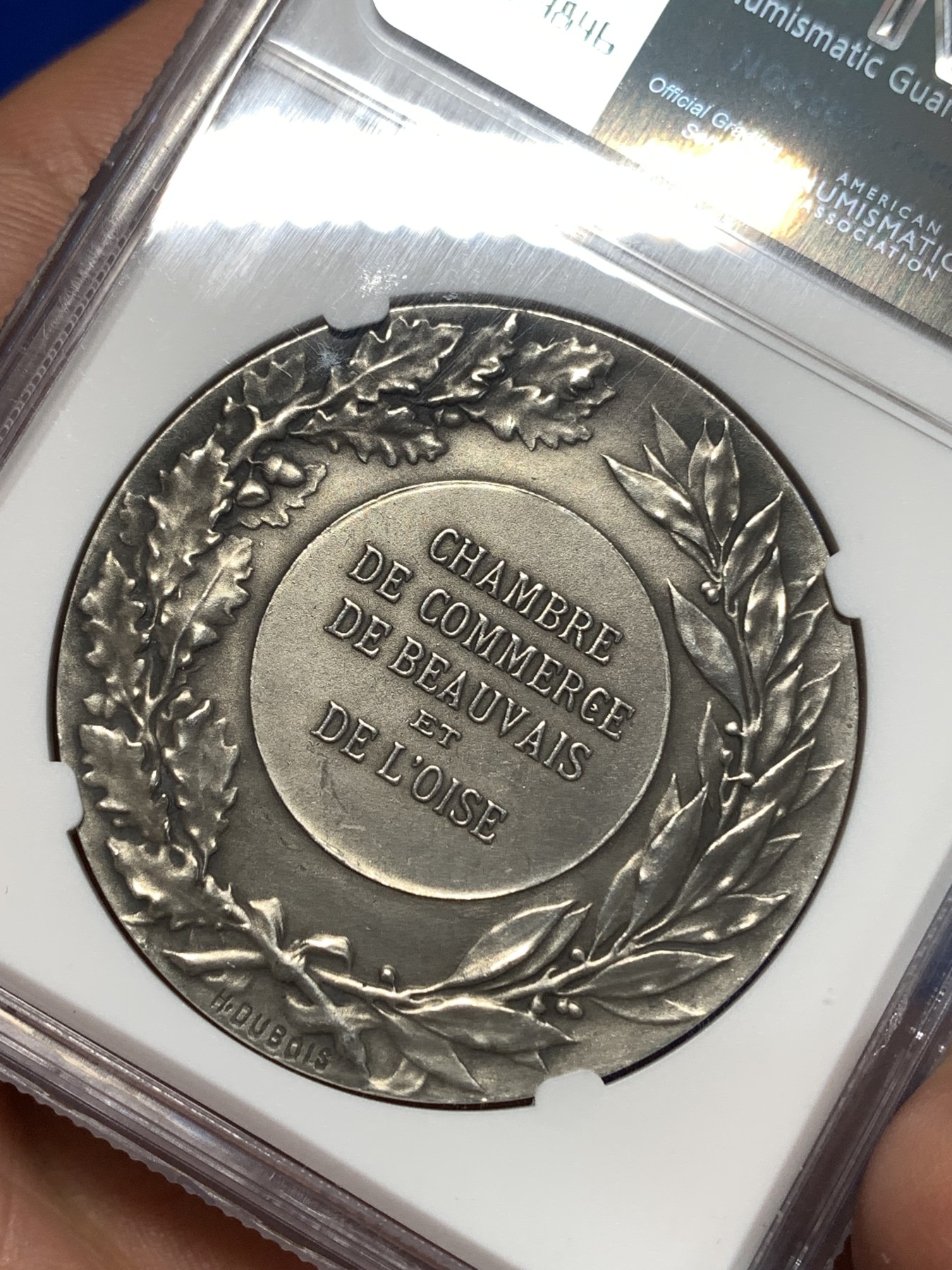 《竞宝斋》第258场-周日，周一 2场连拍 (全场包邮) NGC MS61 法国花环女神纪念大银章，少见的一款法国银章，高浮雕， 状态极佳。